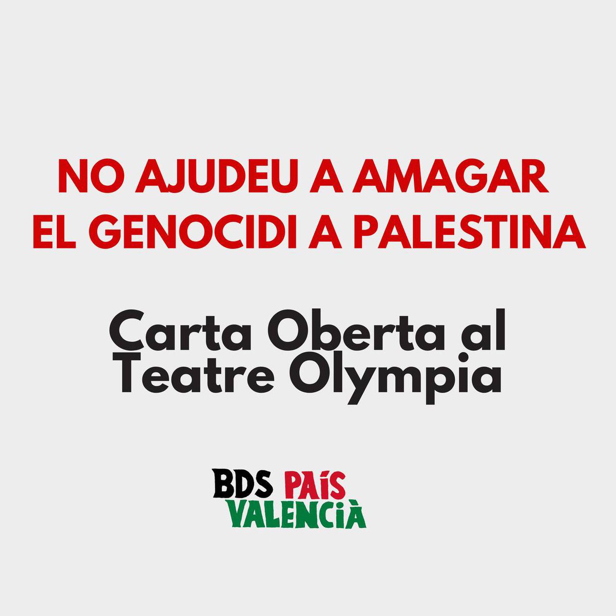 ✉️Carta oberta al Teatre Olympia: No ajudeu a amagar el genocidi a Palestina‼️

⚠️Per mitjà de grups com Mayumana, Israel utilitza l’art i la cultura per mostrar una imatge de normalitat i amagar els crims que comet contra la humanitat a Palestina.