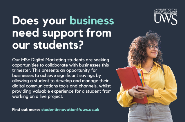 Our MSc Digital Marketing students at <a href="/UniWestScotland/">UWS</a> are seeking opportunities to collaborate with businesses as part of their course this trimester 🎓🤝

Any businesses that would be interested, please contact us by Friday 13th September.

studentinnovation@uws.ac.uk 📧