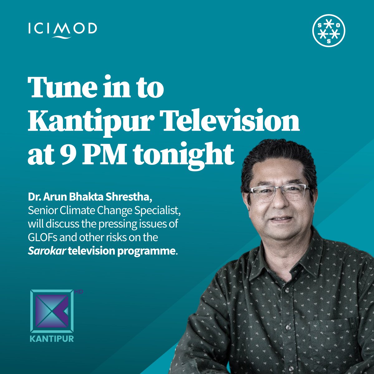 icimod's tweet photo. 📽️Join us at 9 PM (Nepal Time) tonight on @eKantipur Televison as Dr Arun Bhakta Shrestha (@arunbshrestha), ICIMOD Senior Climate Change Specialist,  speaks on the pressing issue of Glacial Lake Outburst Floods (#GLOF) and the recent tragic events in the Hindu Kush Himalaya. 

He will be speaking alongside Hon. Sonam Geljen Sherpa, Member of Rastriya Sabha and Prema Thapa, District Forest Officer, Rasuwa.