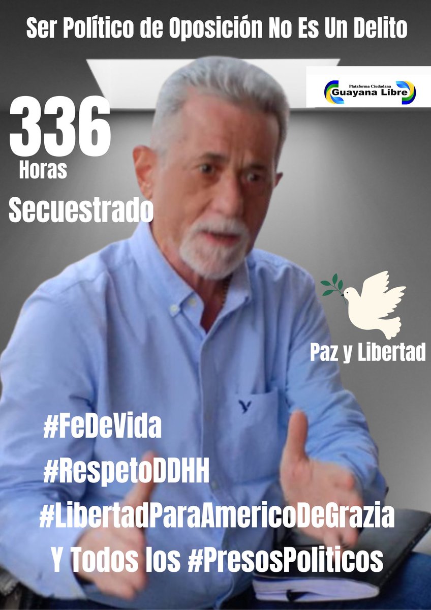 PedroAlonsoCov1's tweet photo. Los Guayaneses exigimos #FeDeVida, #RespetoDDHH, #LibertadParaAmericoDeGrazia y todos los #PresosPoliticos. Nada más injusto que un inocente preso. El debate abierto de ideas, en el marco del respeto y la tolerancia son prácticas que fortalecen la cultura de paz y la Democracia! https://t.co/07ww4p4uOH