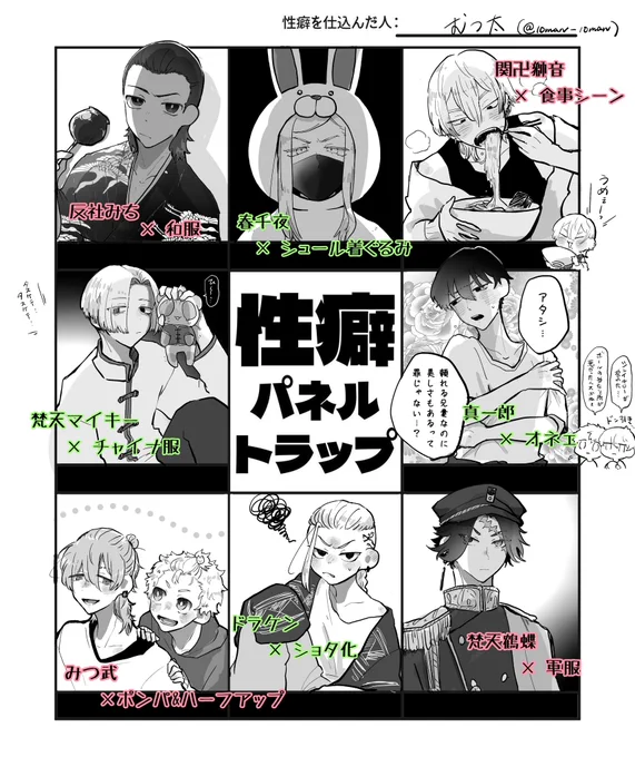 いつぞや描くといった性癖パネルですドンッ

初めて描くキャラも居て楽しかったです
キャラ指定して下さった皆さまありがとうございました🙌 