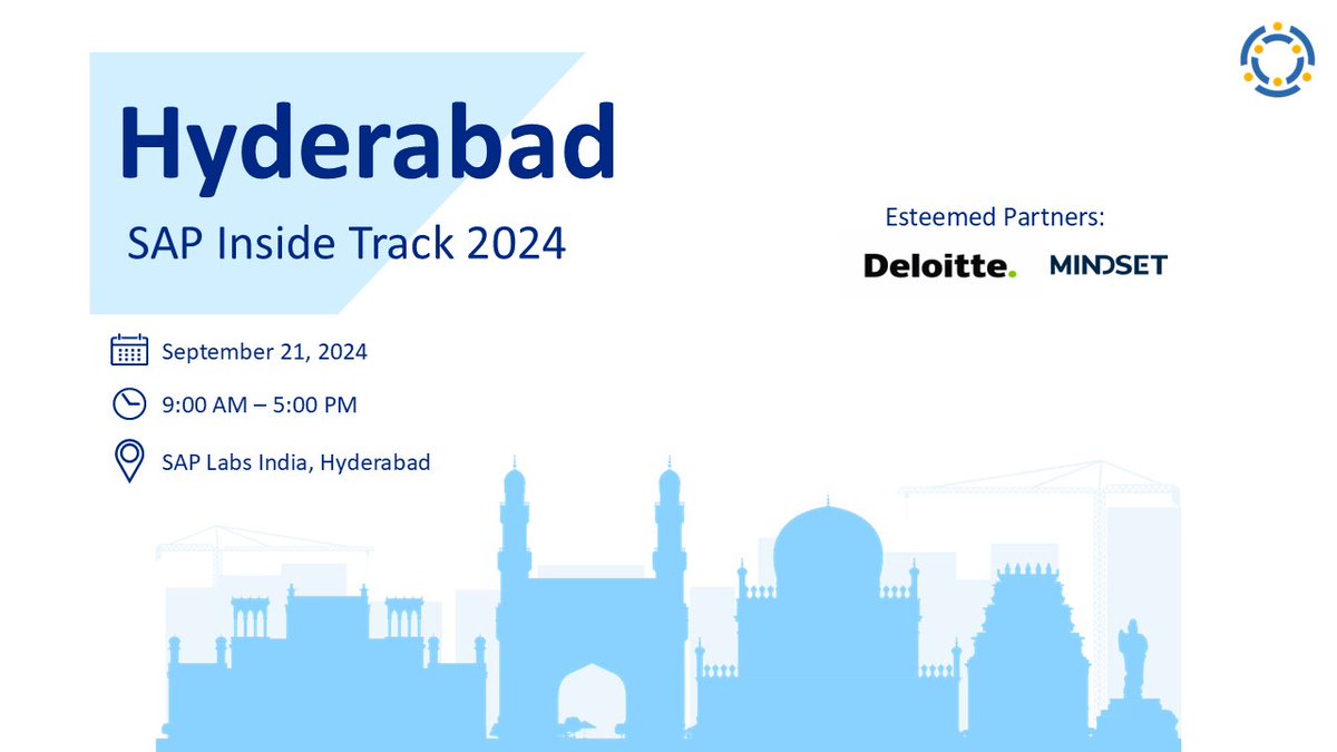 Ruthvik Chowdary 🏅 (@chowdaryruthvik) on Twitter photo We are thrilled to announce that SAP Inside Track Hyderabad is back & better than ever! Mark your calendars for September 21, 2024,
<a href="/SAPCommunity/">SAP Community</a> <a href="/saplabsindia/">SAP LABS INDIA</a> <a href="/SAPInsideTrack/">SAPInsideTrack</a>
#SAPChampion <a href="/Vasavi_Rongali/">Vasavi Sony Rongali</a> <a href="/gangadharansind/">Sindhu Gangadharan</a>
<a href="/GojePoonam/">poonam goje</a> <a href="/maheshk_p/">Mahesh Palavalli</a>
community.sap.com/t5/hyderabad-b… We are thrilled to announce that SAP Inside Track Hyderabad is back & better than ever! Mark your calendars for September 21, 2024,
<a href="/SAPCommunity/">SAP Community</a> <a href="/saplabsindia/">SAP LABS INDIA</a> <a href="/SAPInsideTrack/">SAPInsideTrack</a>
#SAPChampion <a href="/Vasavi_Rongali/">Vasavi Sony Rongali</a> <a href="/gangadharansind/">Sindhu Gangadharan</a>
<a href="/GojePoonam/">poonam goje</a> <a href="/maheshk_p/">Mahesh Palavalli</a>
community.sap.com/t5/hyderabad-b…