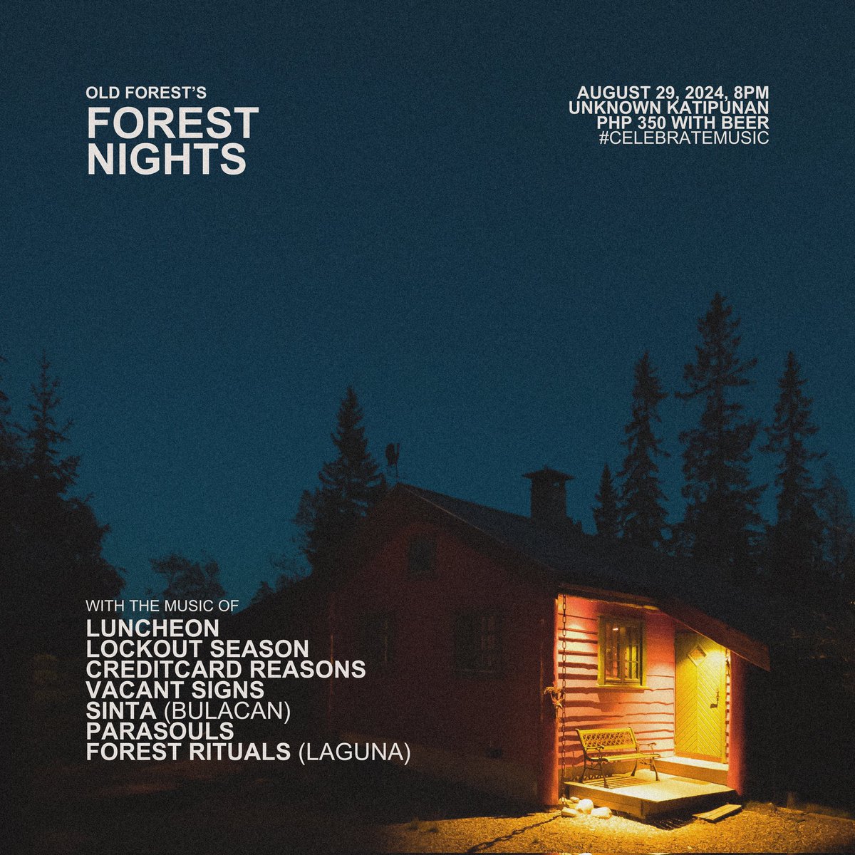Old Forest Recordings (@oldforestrecord) on Twitter photo FOREST NIGHTS 8.
Save the date and see you in the forest! ๐
๐ 8/29 (Thursday), 8PM
๐ Unknown13 Pub, Katipunan
๐ซ P350 (with free beer)
๐ฅฉ <a href="/luncheonmusic/">LUNCHEON Music</a>
๐ Lockout Season
๐ณ <a href="/CardReasons/">CreditCardReasons</a>
๐ชง Vacant Signs
๐โโ๏ธ <a href="/sintamusicph/">sinta</a>
๐ฆ <a href="/parasoulsph/">parasouls</a>
๐ณ Forest Rituals
#CelebrateMusic FOREST NIGHTS 8.
Save the date and see you in the forest! ๐
๐ 8/29 (Thursday), 8PM
๐ Unknown13 Pub, Katipunan
๐ซ P350 (with free beer)
๐ฅฉ <a href="/luncheonmusic/">LUNCHEON Music</a>
๐ Lockout Season
๐ณ <a href="/CardReasons/">CreditCardReasons</a>
๐ชง Vacant Signs
๐โโ๏ธ <a href="/sintamusicph/">sinta</a>
๐ฆ <a href="/parasoulsph/">parasouls</a>
๐ณ Forest Rituals
#CelebrateMusic