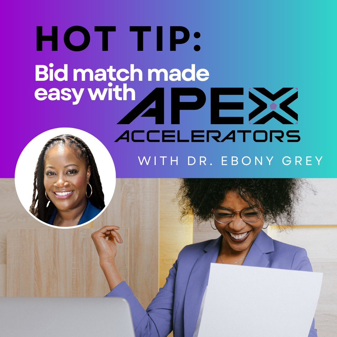 DrEbonyAGrey's tweet image. 💡 Hot Tip from Dr. Ebony Grey: Simplify your bid search with Apex Accelerators! Check out their website to understand better the assistance they can provide to you and your business.

#GovConTips #DrEbonyGrey #ApexAccelerators #BusinessGrowth #GovernmentContracts #BidMatch