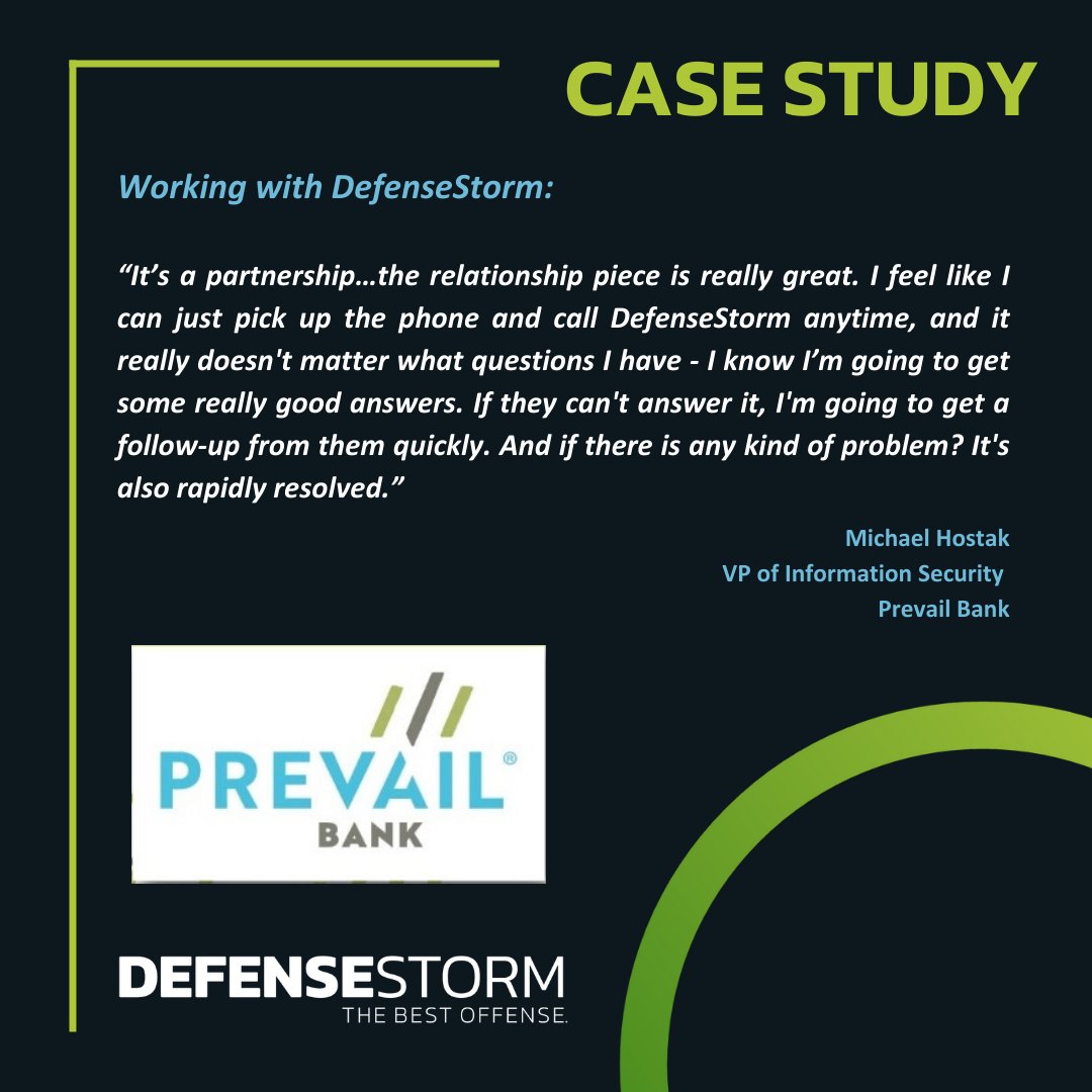 DefenseStorm's tweet image. Read the case study to learn how DefenseStorm serves as Prevail Bank's ally in cyber risk management.

Read the case study:
defensestorm.com/wp-content/upl…

#financialservices #banks #cyberriskmanagement #cybersecurity