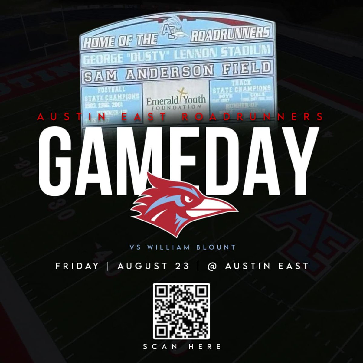 Roadrunners family join us for an exciting kickoff to the season!Wear your Columbia Blue and Scarlet to show your support at the hill.We’re also looking for 4 volunteers for the chains crew. Contact me or the school for more details.Use QR code below to buy tickets in advance.