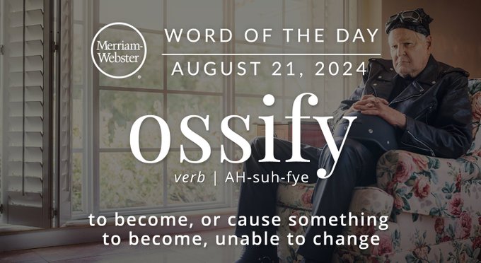 Merriam-Webster Word of the Day August 21, 2024 'ossify' verb | AH-suh-fye "to become, or cause something to become, unable to change" Background Image: An older man sitting in a chair. 