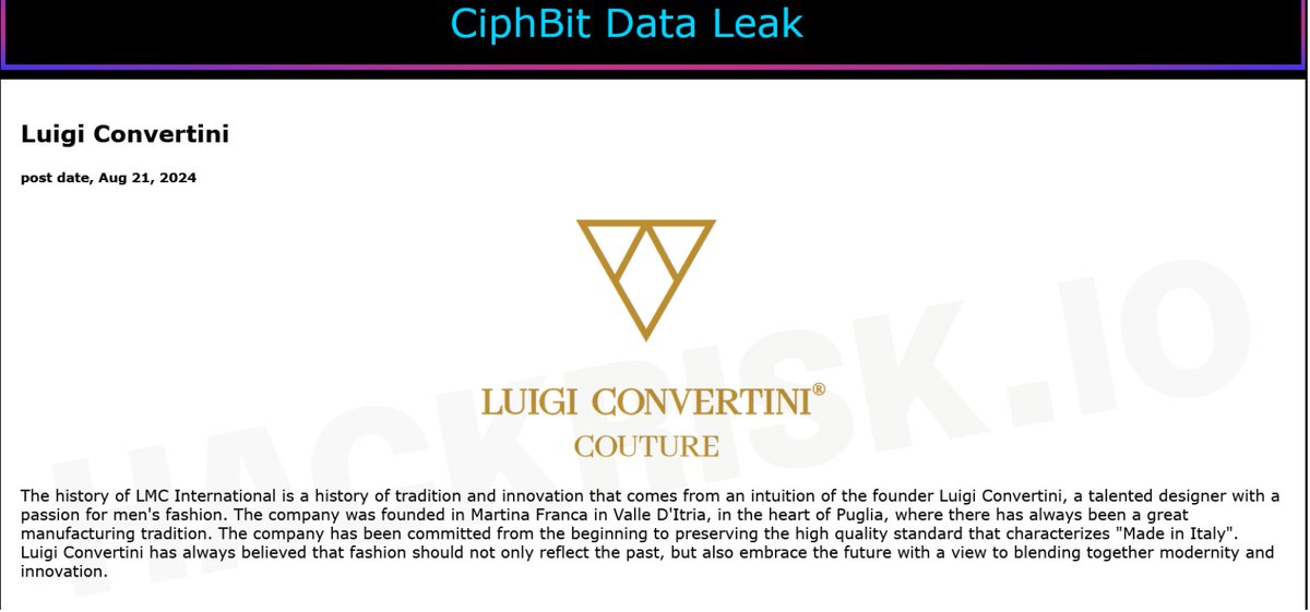 H4ckmanac's tweet image. 🚨 Cyber Attack Alert 🚨

🇮🇹 Italy: Luigi Convertini - LMC International

CiphBit ransomware group claims to have breached Luigi Convertini - LMC International.

#CiphBit #Cybersecurity #Hackmanac