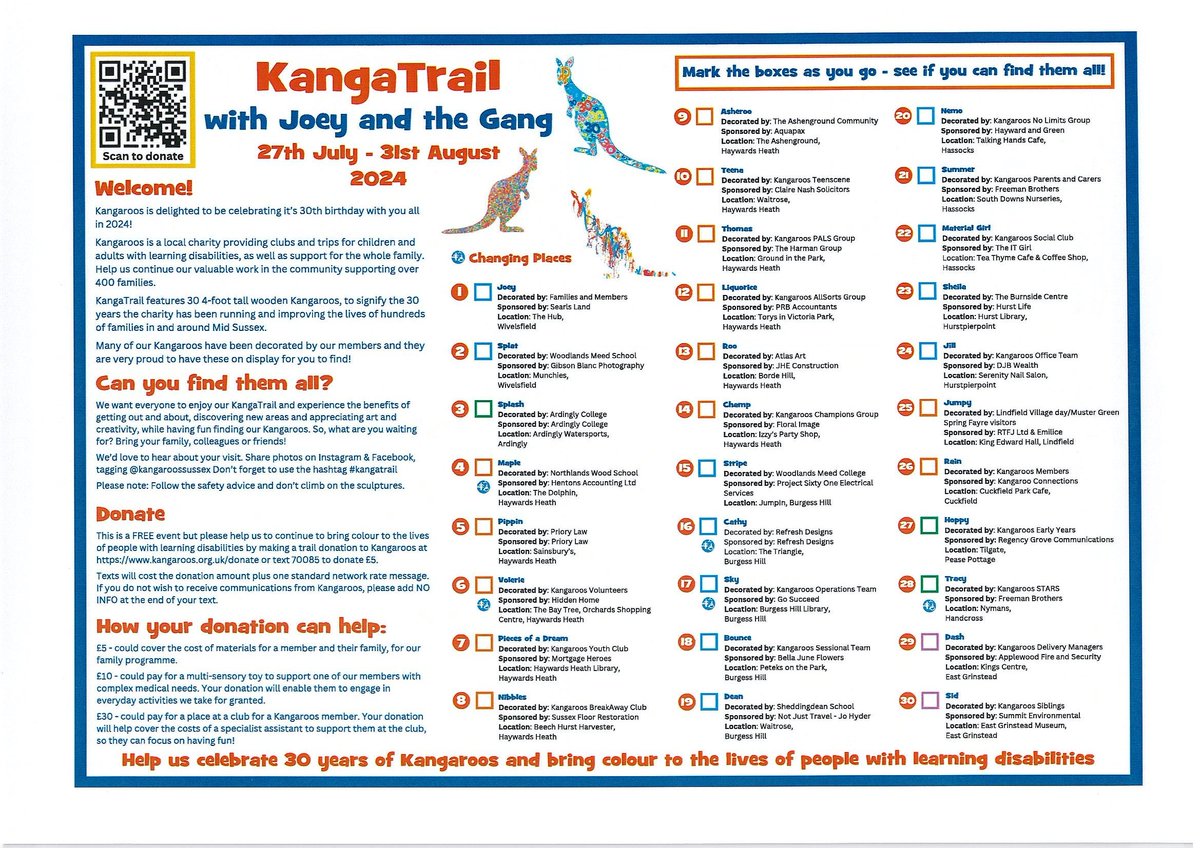 Are you following <a href="/KangaroosSussex/">Kangaroos</a>'s summer kangaroo trail? How many have you managed to hunt down so far? To join in the fun, download a map and tick sheet today: bit.ly/3SoedaY #DaysOut #WestSussex #SummerHolidayFun #OutAndAbout