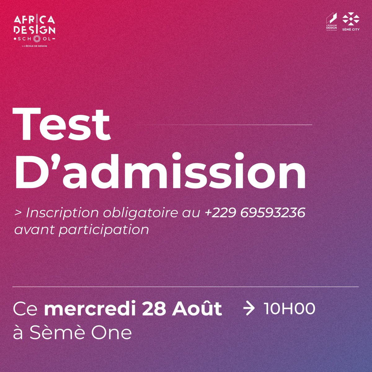 AfricaDesignSch's tweet image. Il nous reste encore quelques places!

Si vous souhaitez rejoindre @AfricaDesignSch, inscrivez-vous dès maintenant pour participer au test du mercredi 28 août!

Lien d'inscription : bit.ly/3Tk8vI3

#AfricaDesignSchool #admissionsads #nouveauxetudiants #design #ads2024
