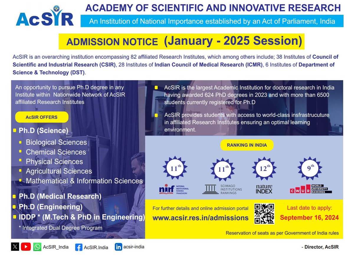 CSIR-National Chemical Laboratory (@csir_ncl) on Twitter photo AcSIR invites applications for January 2025!
Pursue higher education at CSIR's National labs, including CSIR-NCL. Deadline: 16th Sept 2024.
Apply now: acsir.res.in/admissions/
#HigherEducation #PhD #AcSIR
<a href="/CSIR_IND/">CSIR, India</a> <a href="/AcSIR_India/">AcSIR</a> <a href="/AshishLele3467/">Ashish Lele</a> <a href="/DrNKalaiselvi/">N Kalaiselvi</a> AcSIR invites applications for January 2025!
Pursue higher education at CSIR's National labs, including CSIR-NCL. Deadline: 16th Sept 2024.
Apply now: acsir.res.in/admissions/
#HigherEducation #PhD #AcSIR
<a href="/CSIR_IND/">CSIR, India</a> <a href="/AcSIR_India/">AcSIR</a> <a href="/AshishLele3467/">Ashish Lele</a> <a href="/DrNKalaiselvi/">N Kalaiselvi</a>