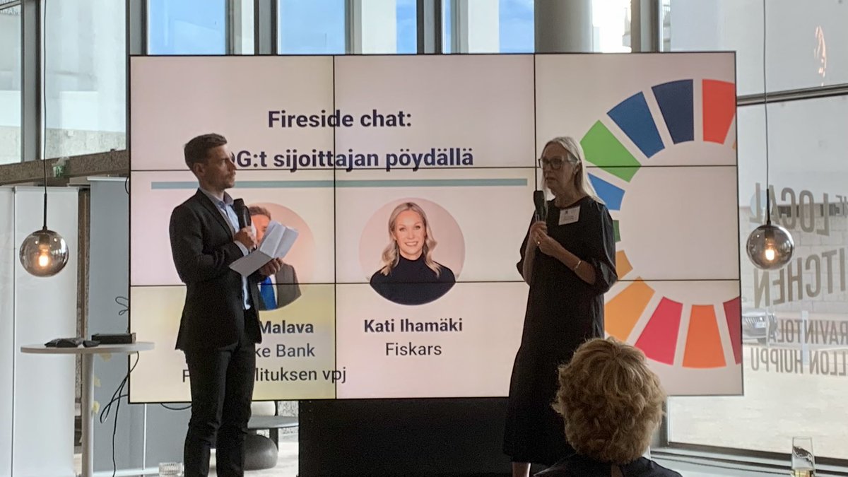 Finsif ja <a href="/globalcompactFi/">UN Global Compact Network Finland</a> yhteinen tilaisuus käynnissä. Mielenkiintoista keskustelua #SDG tavoitteista. Lavalla <a href="/AnttiMalava/">Antti Malava</a>  ja <a href="/Katiihamaki/">Kati</a>