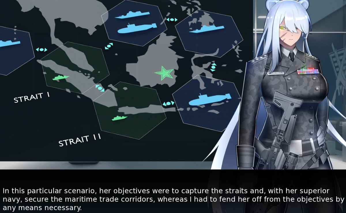 (PA2 work-in-progress)

In Omega's romance route, the Commander plays a strategy game against the marine general.

"General Omega was fond of her tabletop games, now and then, she insistently asked me to play a match as her opponent."