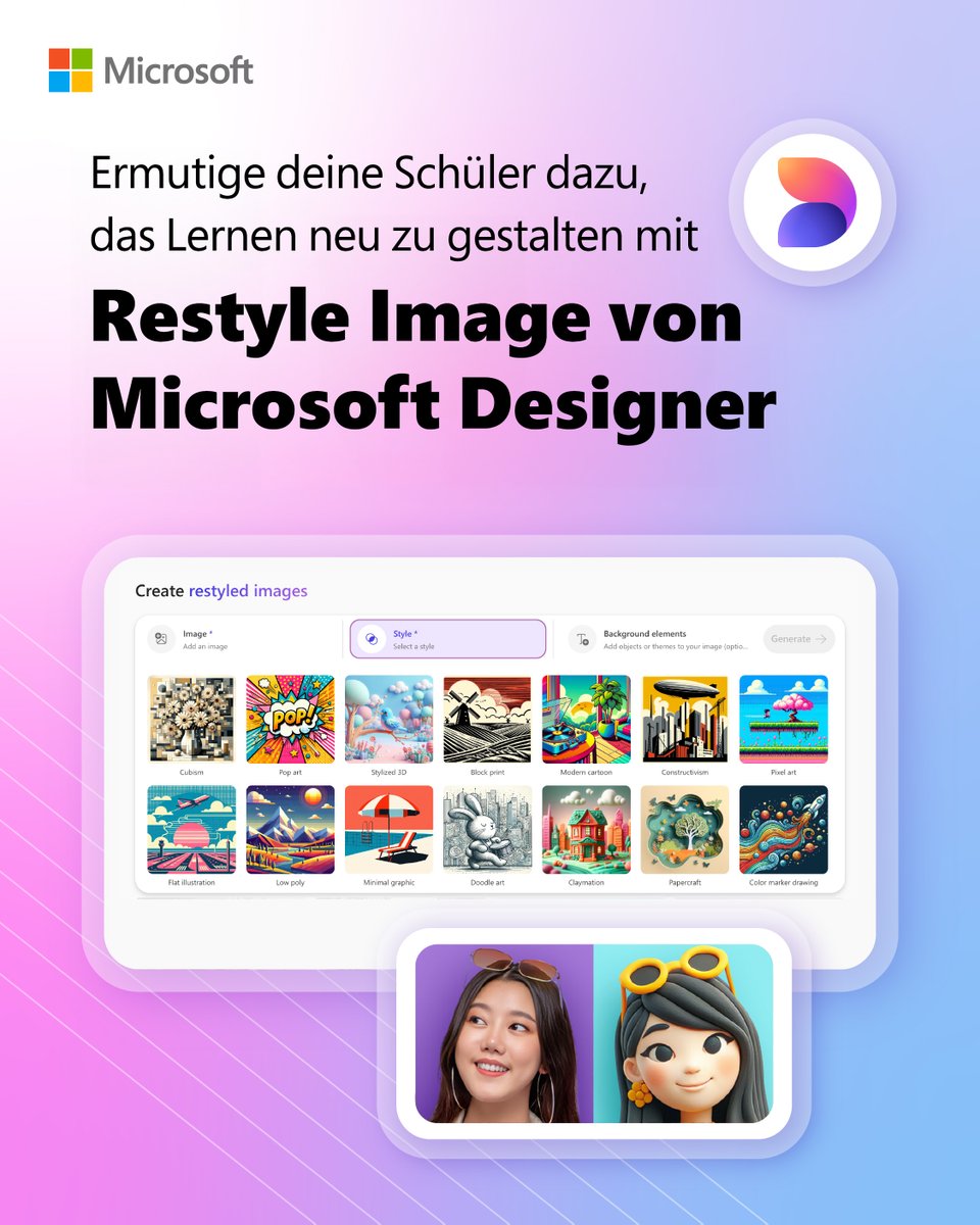 🎨 Historische Figuren in leuchtenden Farben sehen
💡 Aktuelle Ereignisse in Papierbasteleien darstellen
🤯 Und so viel mehr! 

Erfahre, wie Schüler*innen dank Restyle Image von Microsoft Designer ihre Neugierde ausleben und ihr Wissen erweitern können: msft.it/6015laQMF