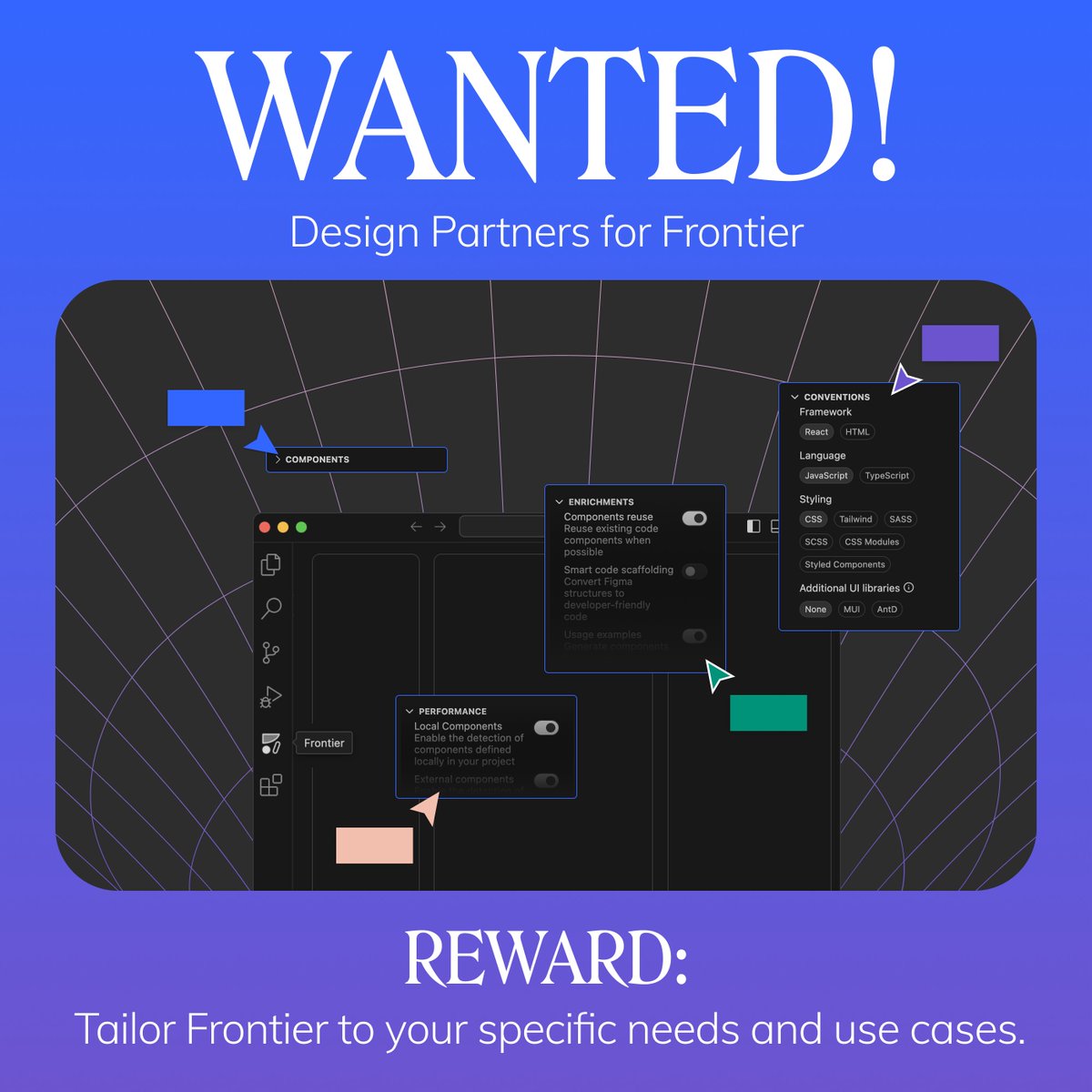 AnimaApp's tweet image. Anima is looking for #designpartners for Frontier!
What&apos;s in it for you? Tailor Frontier to your front-end needs! Who is in? 👉link.animaapp.com/3Xfj2Ft

#vscode #designtocode #frontend