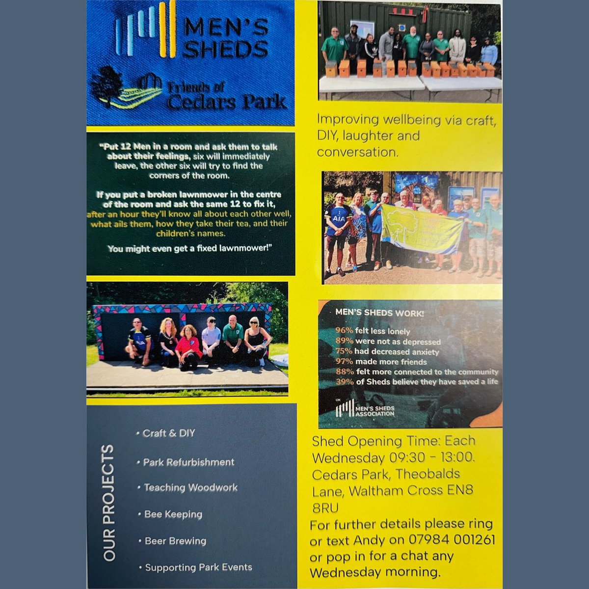 🌿 Join us at Men’s Sheds, Friends of Cedars Park to improve your wellbeing through friendly conversations, craft &amp; DIY, woodworking, bee-keeping, and more activities 🌿🪵🐝
⏰ Every Wednesday, 09:30 - 13:00
📍 Cedars Park, Waltham Cross, EN8 8RU