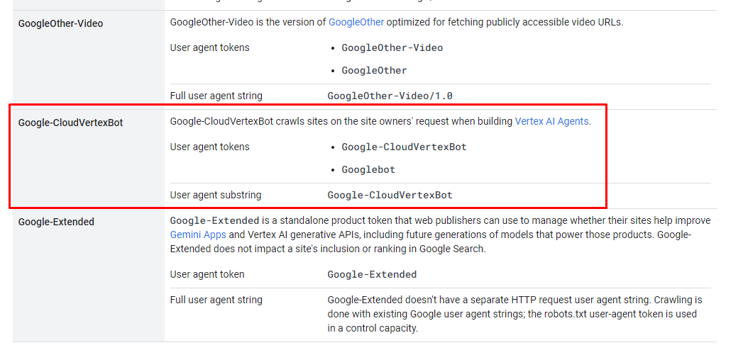 glenngabe's tweet photo. There's a new crawler in town -> Google introduces Google-CloudVertexBot crawler, which crawls sites on the site owners' request when building Vertex AI Agents

User agent substring: Google-CloudVertexBot https://t.co/sEBG0EAtDV https://t.co/tNt0KOI84B