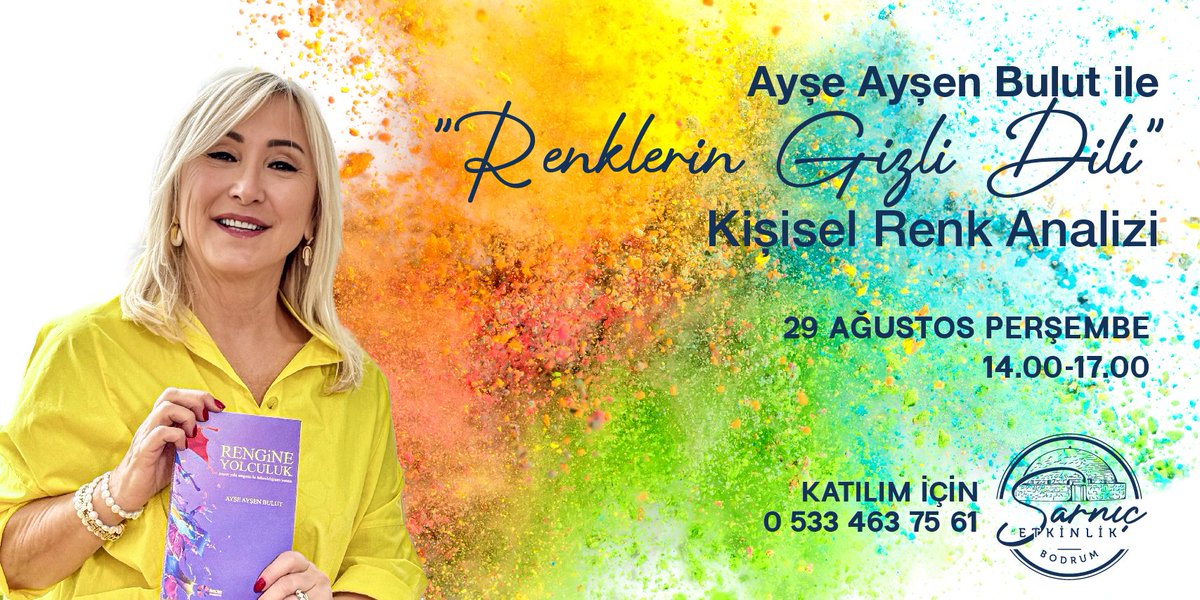📍 *Yer:* Yaka Sarnıcı  
📅 *Tarih:* 29 Ağustos Perşembe  
🕓 *Saat:* 14:00 - 17:00  

Rezervasyon ve daha fazla bilgi için bizi arayın.

📲+90 533 463 75 61
#bodrum
#sarnıç
#sarnıçtaetkinlik
#renk
#renklerinanlamları
#renklerindünyası