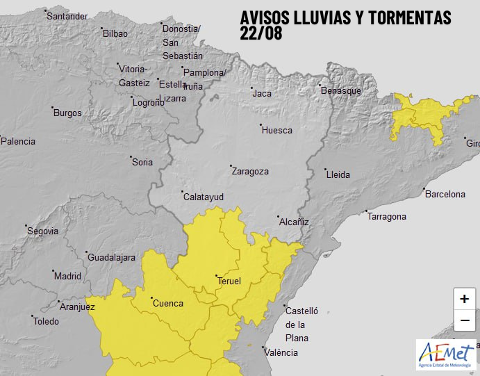 112Aragon's tweet photo. ⚠️Avisos meteorológicos para mañana, día 22:
🟡💧⛈️Aviso amarillo por #lluvias y #tormentas en #Albarracín y #Jiloca y #Gúdar y #Maestrazgo entre las 14 y las 22 h.
🟡🌡️ Aviso amarillo por temperaturas máximas en #Pirineo, sur de #Huesca y #RiberadelEbro entre las 13 y las 21 h. https://t.co/xZMXqVvAre