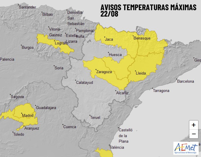 112Aragon's tweet photo. ⚠️Avisos meteorológicos para mañana, día 22:
🟡💧⛈️Aviso amarillo por #lluvias y #tormentas en #Albarracín y #Jiloca y #Gúdar y #Maestrazgo entre las 14 y las 22 h.
🟡🌡️ Aviso amarillo por temperaturas máximas en #Pirineo, sur de #Huesca y #RiberadelEbro entre las 13 y las 21 h. https://t.co/xZMXqVvAre