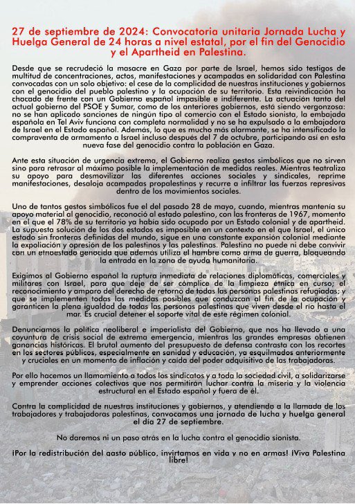 El próximo #27S vamos a la #Huelga por #Palestina en una jornada de lucha por la redistribución del gasto público para la #ClaseTrabajadora, para no invertir en armas y por el fin del genocidio y el apartheid que sufre el pueblo palestino.