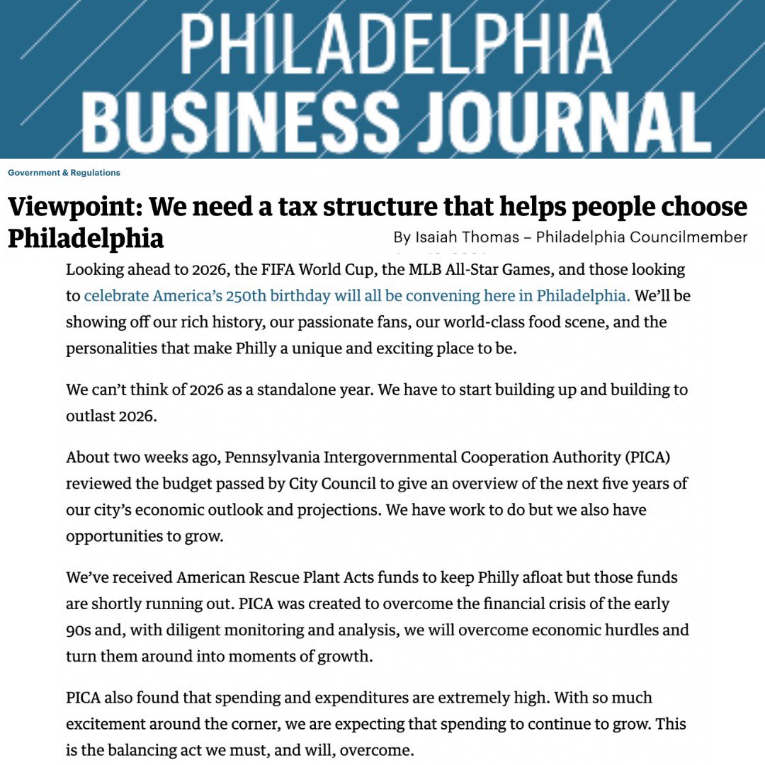 CMThomasPHL's tweet photo. We need to make it easier, cheaper, & more attractive for residents, tourists, & businesses to #ChoosePhilly
We need to generate revenue without new taxes and without cutting services.
My thoughts in @PHLBizJournal on restructuring Philly taxes ⬇️ https://t.co/CliOk1Y1Yk