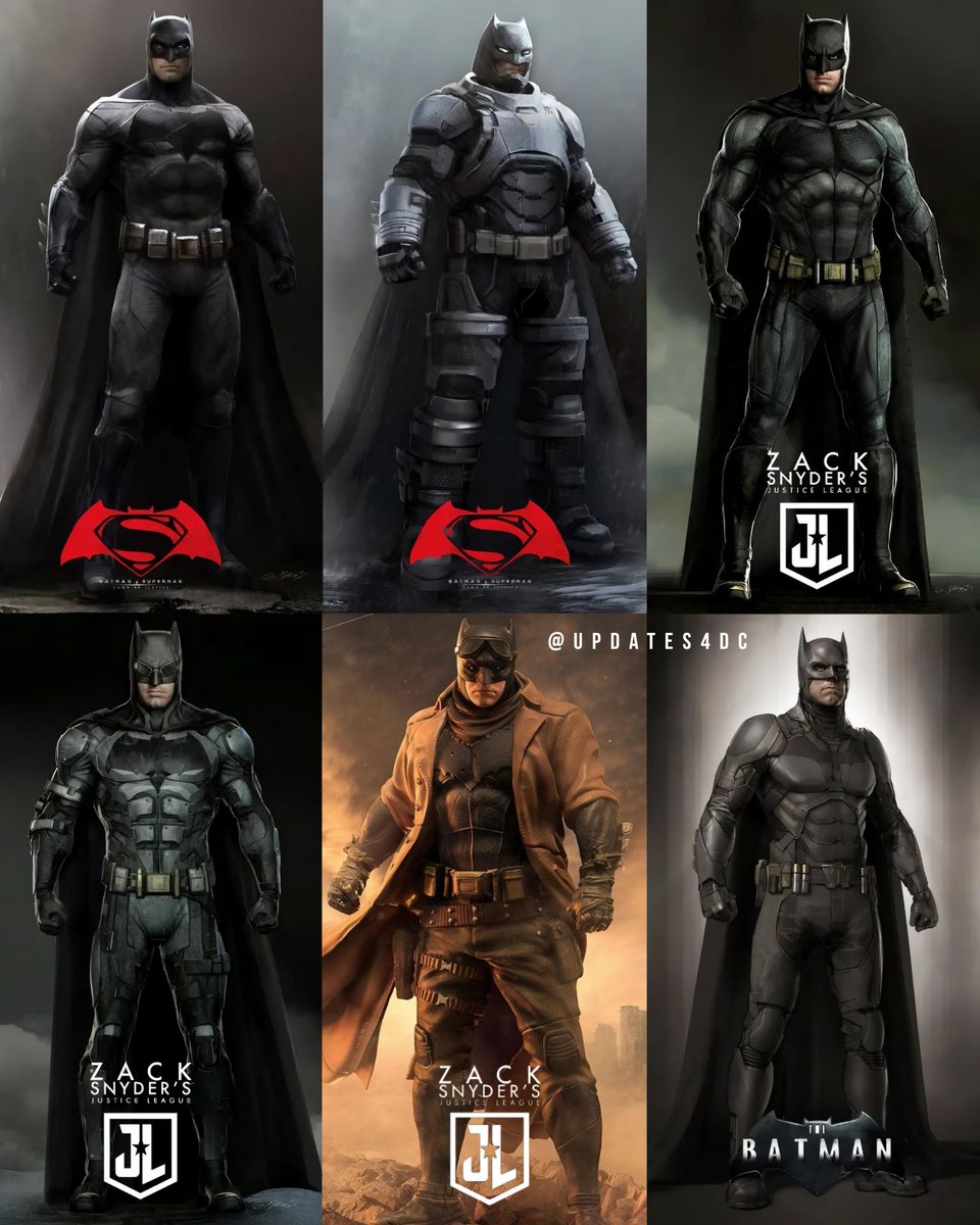 Ben Affleck's Batman suit concepts from all the movies he appeared in and  was set to appear in within the Snyderverse! I think the Gray suit and  Knightmare suit were the best, image size:960x1200