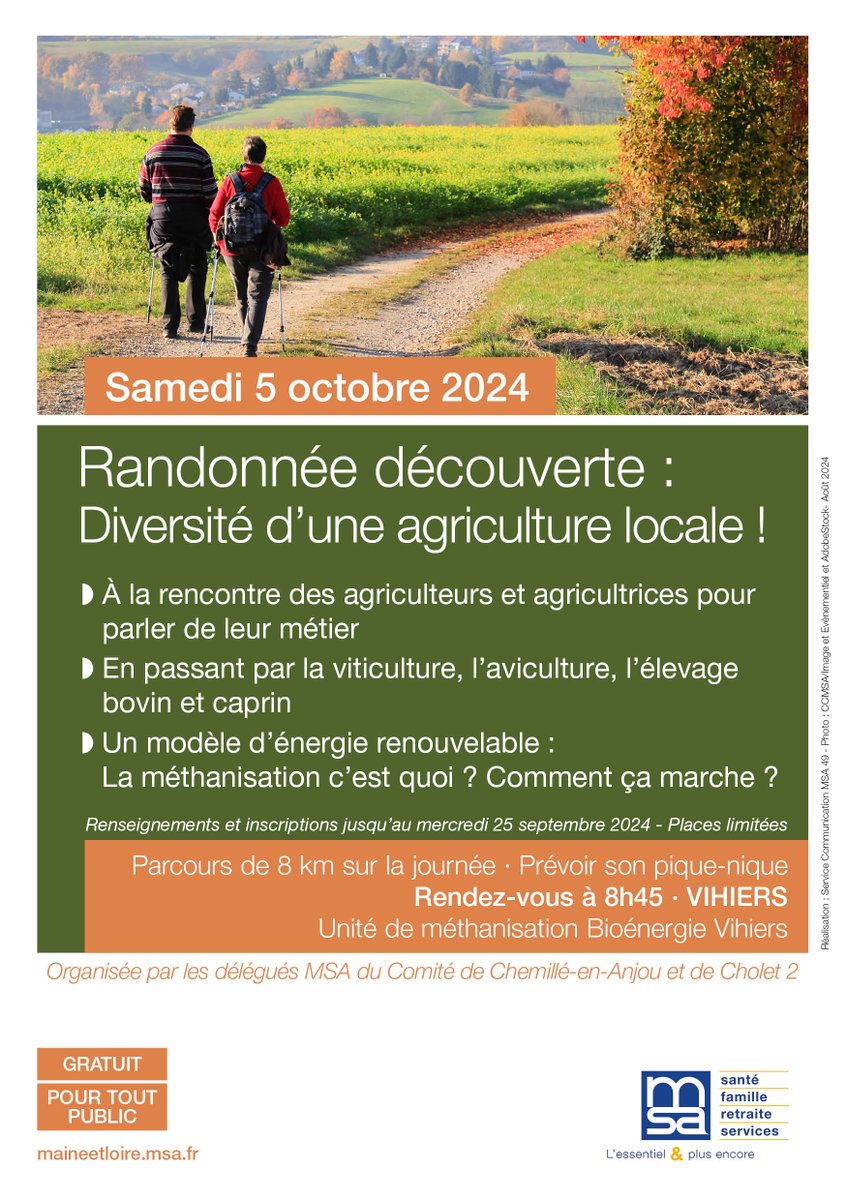 [📅#Evènement]
Partez à la rencontre de l'agriculture locale de #LysHautLayon, à l'occasion d'une randonnée découverte 🥾🍃
Les délégués MSA vous donnent RDV le 05/10 pour cette journée de partage et d'échanges !
ℹ️ Inscriptions avant le 25/10
+ d'infos 👉 tinyurl.com/3fn3ewmf