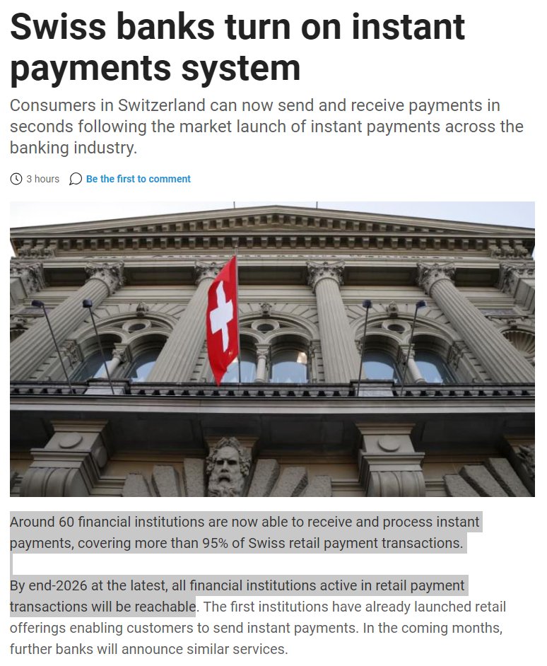 DROPZXRP's tweet photo. 🇨🇭👑 "SWISS BANKS TURN ON INSTANT PAYMENTS SYSTEM" ➡️ ~60 FINANCIAL INSTITUTIONS ARE AVAILABLE, COVERING ~95% OF SWISS RETAIL PAYMENT TRANSACTIONS 

SOURCE @Finextra: https://t.co/0fB3rUTV1g