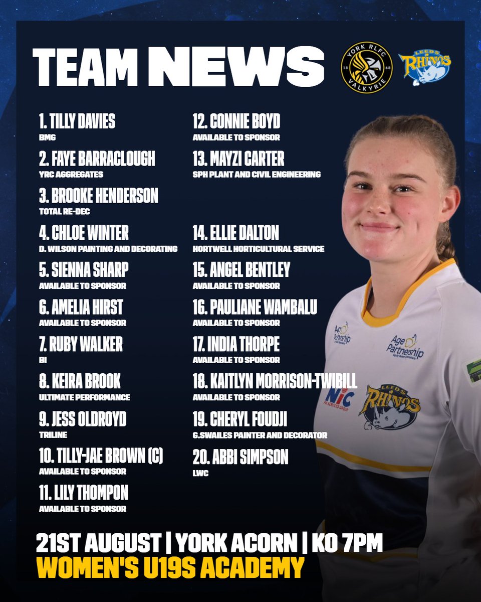 TEAM NEWS | Our squad to take on <a href="/YorkValkyrie/">York RLFC Valkyrie</a> U19s is confirmed for tonight's clash at <a href="/yorkacorn/">York Acorn Rugby League</a>, KO 7pm!

Good luck to Matty Bullough in his side's last game of the season 👏