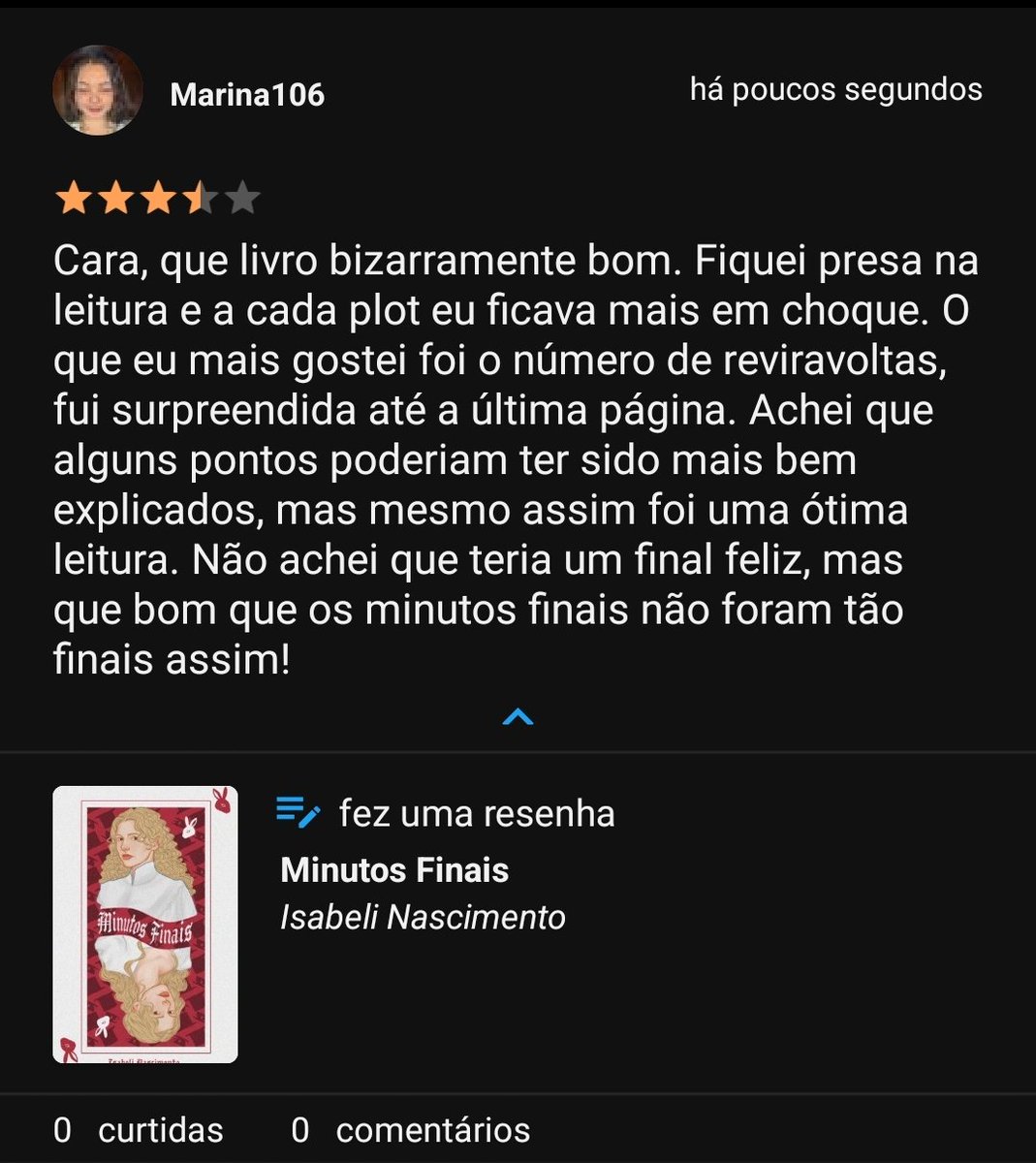 3l3ctr1c0n's tweet photo. 18: Minutos Finais - Isabeli Nascimento (2023)
comecei: 14/08
terminei: 16/08 
tamanho: 348 páginas 
formato: ebook  
nota: 3.5/5.0 https://t.co/N5fBfBH2Je