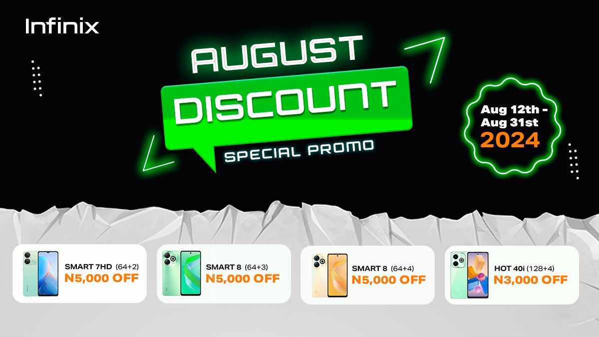 Utdalexandro's tweet photo. Make the most of August with incredible discounts on Infinix devices! Enjoy N5000 off the Smart 8 series and N3000 off the Hot 40i. This special offer is valid until August 31st, so act fast and grab your savings today! #InfinixAugustPromo #InfinixPromo https://t.co/h3jvrwZF8S