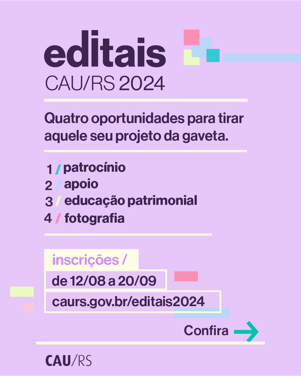 caursoficial's tweet photo. Tem oportunidades no CAU/RS! Quatro editais de fomento para promover ações que valorizem e divulguem a Arquitetura e Urbanismo no RS: apoio, patrocínio, educação patrimonial e fotografia. Inscreva seu projeto até 16 de setembro! https://t.co/BDKTWkd6Jl https://t.co/L7xSkJzknx