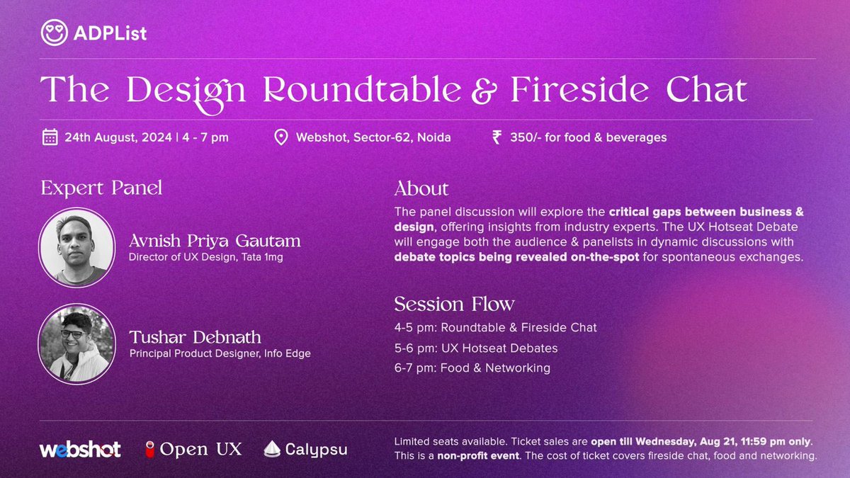 Aps Rajput | Webshot (@coderrajput) on Twitter photo Event Alert ‼️
Hey Folks, Join “The Design Roundtable & Fireside Chat” at Webshot Office, Noida on 24th August.
<a href="/Webshot_in/">Webshot</a>
<a href="/nikk_nv/">Nikhil Singh Payaal</a>
<a href="/aanandmadhav/">Aanand Madhav</a>
<a href="/calypsudesign/">Calypsu</a> Event Alert ‼️
Hey Folks, Join “The Design Roundtable & Fireside Chat” at Webshot Office, Noida on 24th August.
<a href="/Webshot_in/">Webshot</a>
<a href="/nikk_nv/">Nikhil Singh Payaal</a>
<a href="/aanandmadhav/">Aanand Madhav</a>
<a href="/calypsudesign/">Calypsu</a>