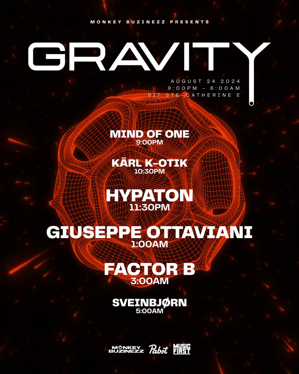 BOOOOOOOOOOOOMMMMMMMMMMMMMMMMM
 
Monkey BuzinezZ pres. GRAVITY - August 24th, 2024 at 9PM @ Le Sainte-Catherine Hall with: Giuseppe Ottaviani - Factor B - Hypaton - kärl k-otik - Mind of One - Sveinbjørn  

Are you ready for more chaos???  

Chaos is coming... to GRAVITY...