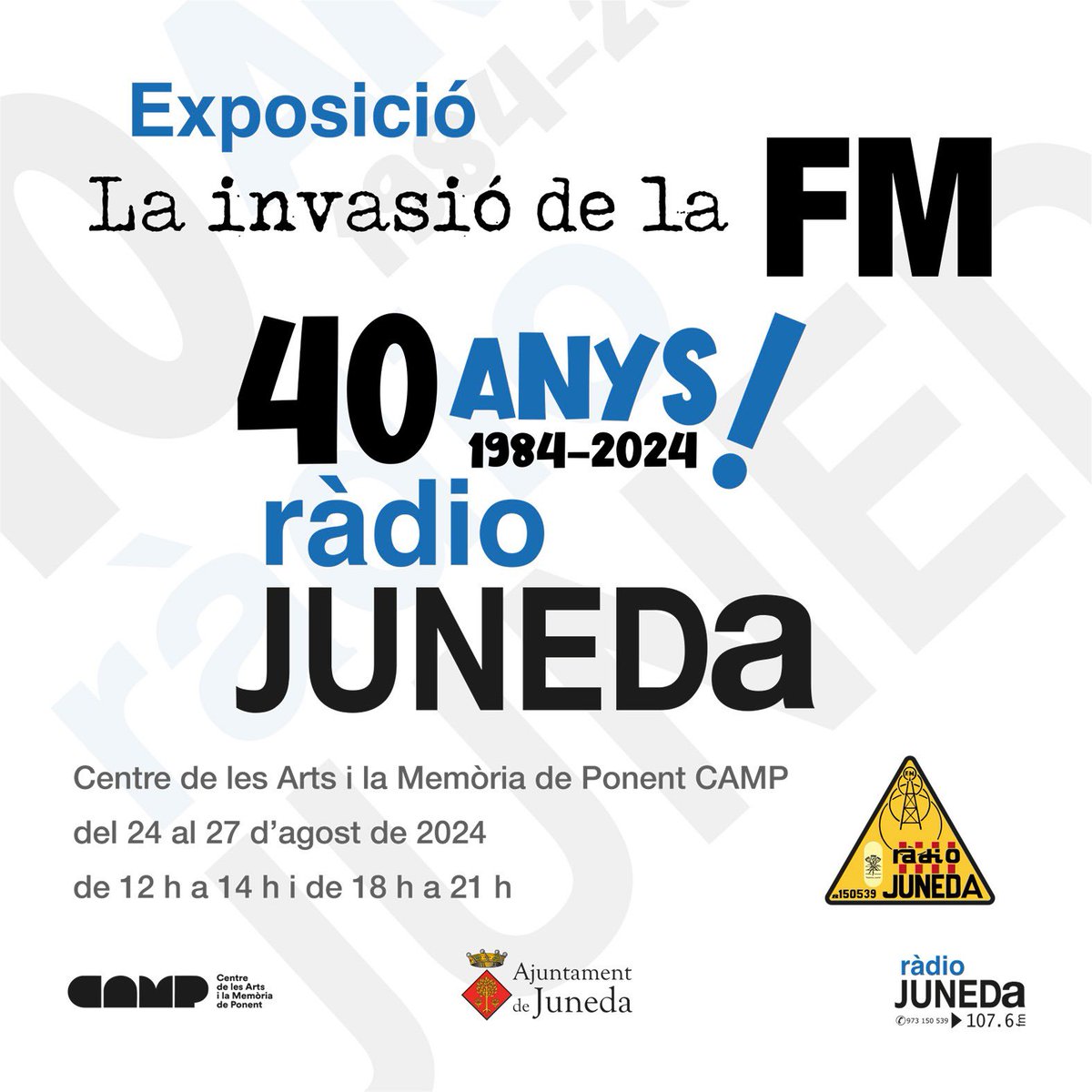 🎙️ Us esperem demà 22 d’agost a les 19.30 h al CAMP (Centre de les Arts i la Memòria de Ponent) per inaugurar l’exposició La invasió de la FM.40 anys de Ràdio Juneda.

#junedaméscultura #fmjuneda2024 #lesgarrigues #juneda #ràdiojuneda