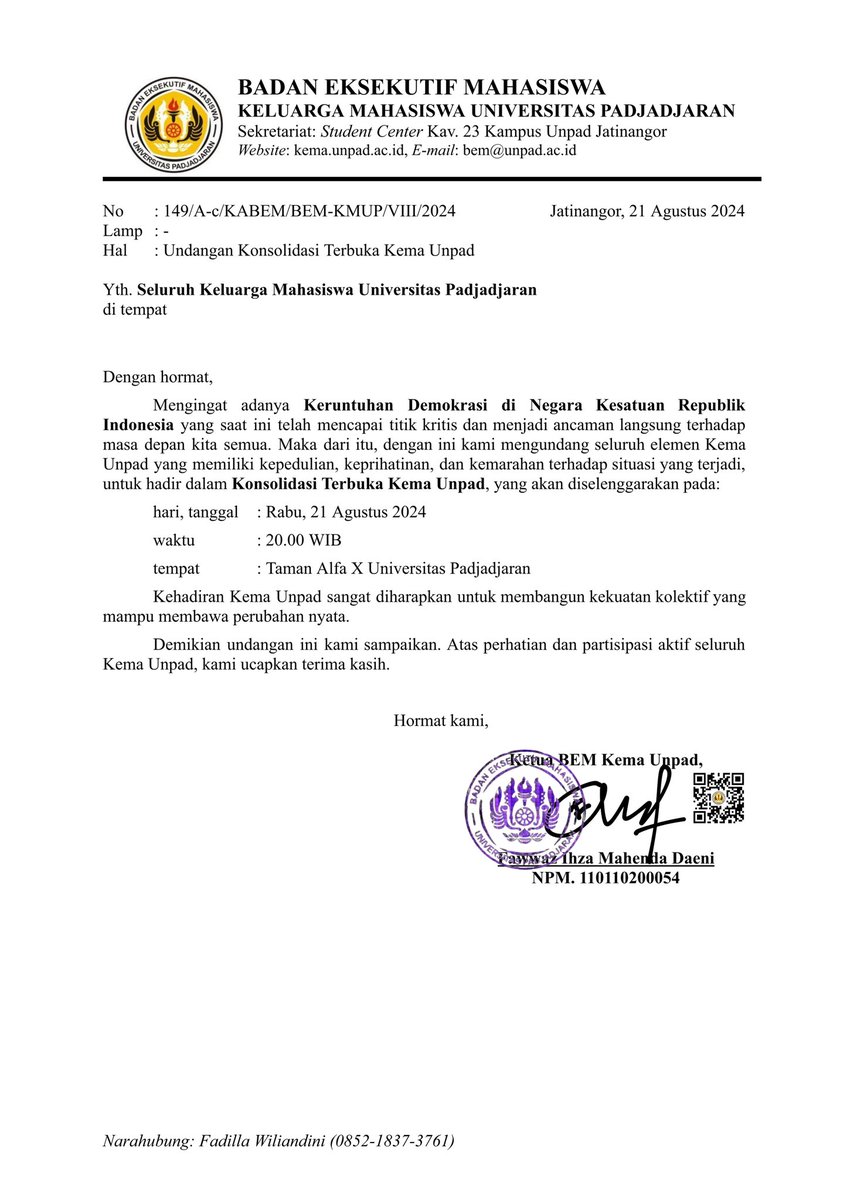 Halo, Kema Unpad!

Menanggapi situasi kritis di negara kita yang membutuhkan respons serta kesadaran secara kolektif dari pergerakan mahasiswa, kami mengundang seluruh Kema Unpad untuk menghadiri konsolidasi terbuka malam ini pukul 20.00 di Taman Alfa X Unpad. 
#KawalPutusanMK