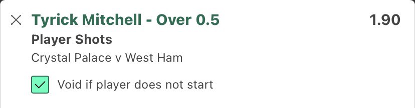 Crystal Palace vs West Ham

Mitchell 1+ Shot - 1 Unit @ 1.90

Since playing LWB in Glasner’s system, Mitchell’s attacking threat has increased with shots in 6 of his last 7 PL games including last weekends opener vs Brentford. 

Mitchell Shots:
1,1,1,2,0,1,2