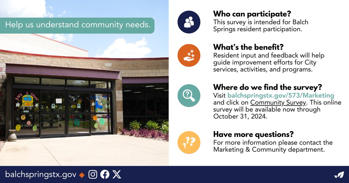 Resident input and feedback on City services, activities, and programs is extremely valuable to us. As our City continues to grow and improve, we want to make sure you feel heard. This online survey will be available now through October 31, 2024.

🔸balchspringstx.gov/forms.aspx?FID…