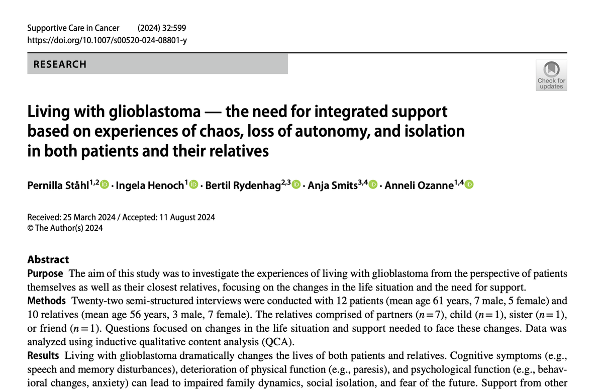 CancerCareMASCC's tweet photo. New open-access article in @MASCC_JSCC: Living with glioblastoma — the need for integrated support based on experiences of chaos, loss of autonomy, and isolation in both patients and their relatives

https://t.co/zY8kShADh6

#SuppOnc https://t.co/CWZtr74mmt