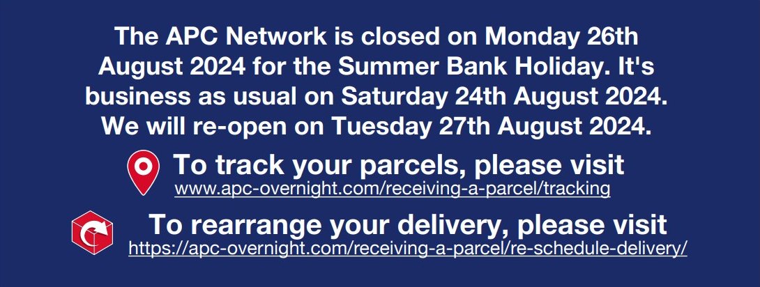 We are now closed for the Summer Bank Holiday and will open again for business as usual from 9am on Tuesday 27thAugust.
To track a delivery, please visit: apc-overnight.com/receiving-a-pa…
To rearrange a delivery, please visit: apc-overnight.com/receiving-a-pa…