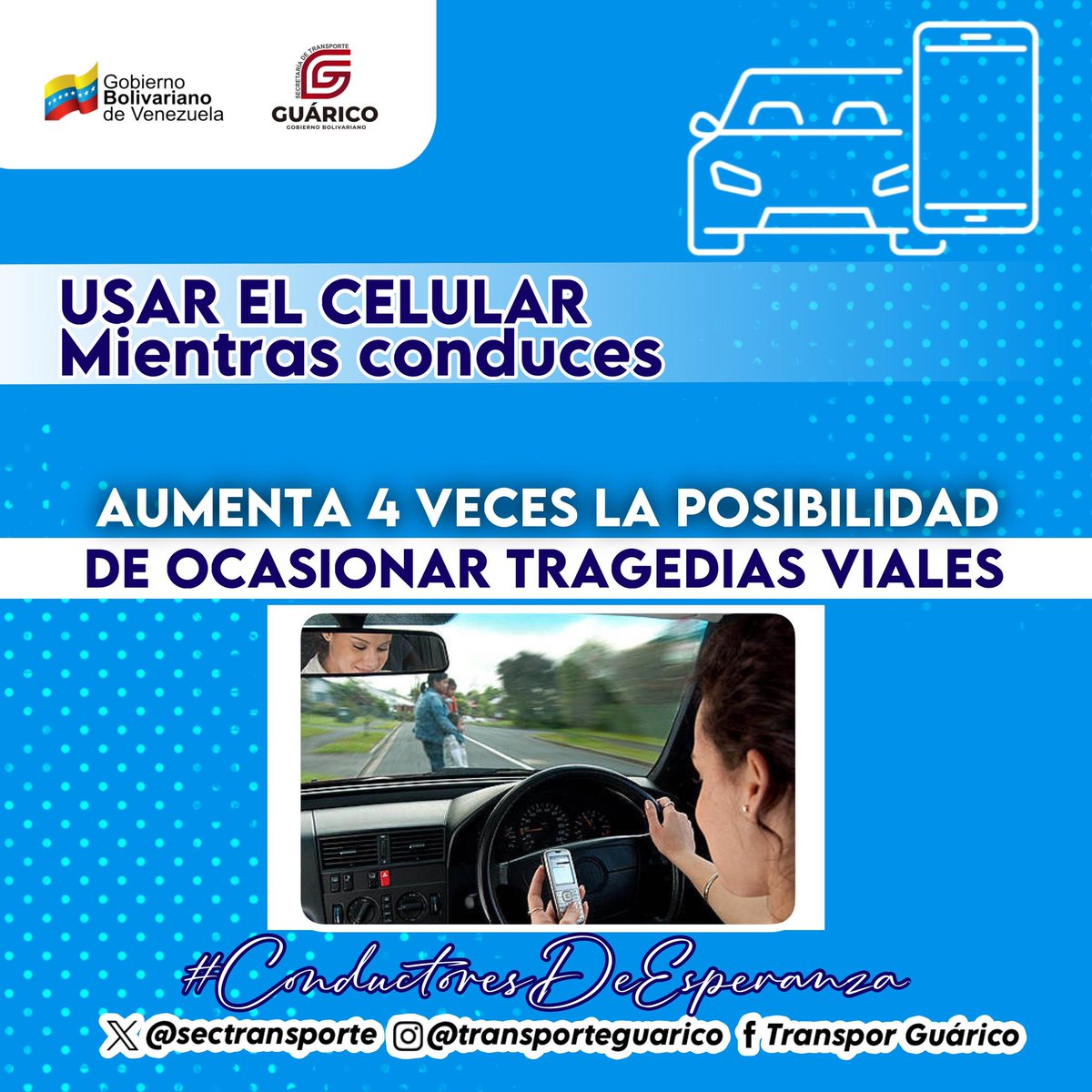🚗📱 Conducir y revisar el teléfono al mismo tiempo aumenta 4 veces las posibilidades de un accidente.

Tu seguridad y la de los demás son lo más importante. ¡Desconéctate mientras manejas!

#ConductoresDeEsperanza 
#TransporteGuárico