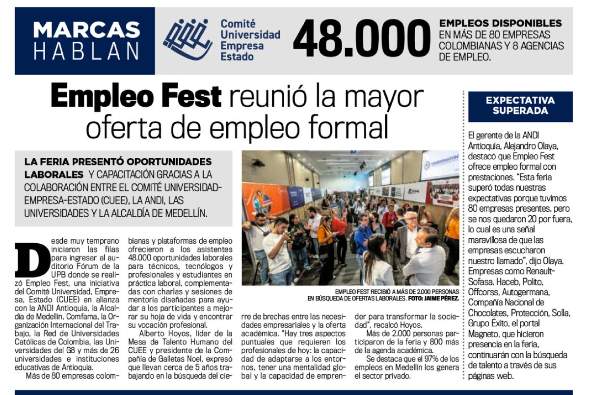 ANDI_Colombia's tweet photo. #EnLosMedios📰
#EmpleoFest presentó oportunidades laborales y capacitación gracias a la colaboración entre el #CUEE, la ANDI, las universidades y la @AlcaldiadeMed.
Vía: @ANDI_Antioquia.
#EmpleoANDI https://t.co/bELI8idYLC