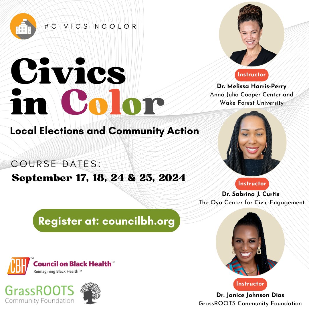 JOIN US for CIVICS IN COLOR, an innovative four-day webinar series designed to equip you with knowledge about government structure, voting rights, electoral processes, and advocacy. 👊🏾🏛️✔️
REGISTER TODAY! 
councilbh.org/2024/08/20/joi…  
#civicsincolor
#reimaginingblackhealth