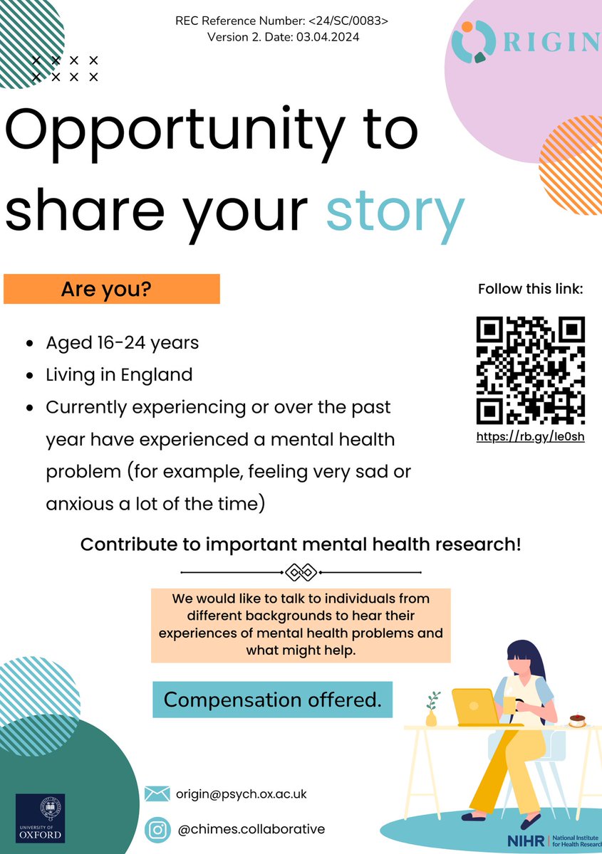 Opportunity for Young People! 
Share your story and have your experience heard to support Origin's mental health research:
Scan the QR code or follow this link to get involved glam.web.ox.ac.uk/origin-wp1-par…