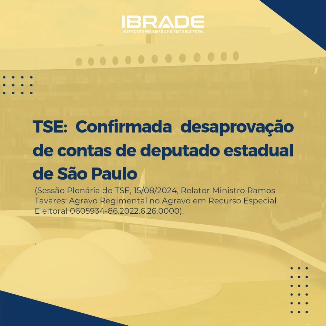 ibradeoficial's tweet photo. Por maioria de votos (4 a 3), o Tribunal Superior Eleitoral (TSE) confirmou, na sessão do dia 15/08/2024, decisão do Tribunal Regional Eleitoral de São Paulo (TRE-SP) que desaprovou as contas de campanha eleitoral do...

Mais informações: @ibradeoficial

Fonte: TSE Notícias https://t.co/Rbbt2aR4XR
