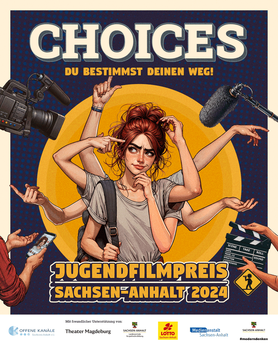 „Choices – Du bestimmst Deinen Weg!“ lautet das diesjährige Motto des 29. Jugendfilmpreis Sachsen-Anhalt. Junge Filmemacherinnen und Filmemacher bis 27 Jahre können bis zum 16.10. ihre Filme einreichen.

mehr Infos: jugend-film-preis.com