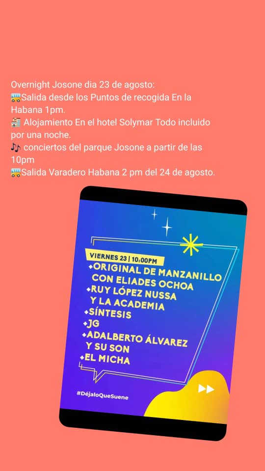 🚐 La Agencia Paradiso le ofrece transporte para cada día de conciertos del Festival Varadero Josone.
A la venta en Buró de Paradiso (23 esq. P, Plaza de la Revolución, La Habana)