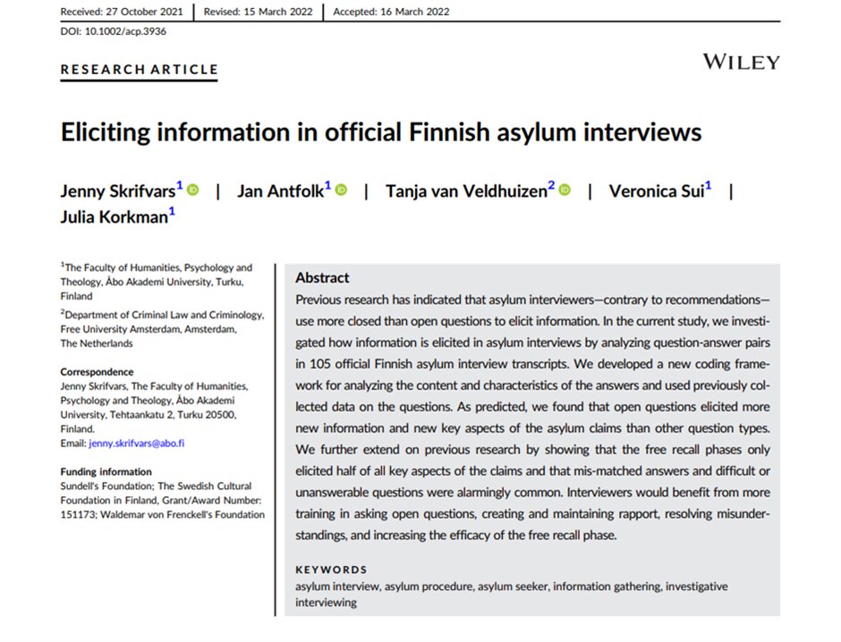 Psych-AID (@psychaid) on Twitter photo 1/ Read the fantastic work of doctoral student <a href="/JennySkrifvars/">Jenny Skrifvars</a> and colleagues within our network
<a href="/jan_antfolk/">Jan Antfolk</a>, <a href="/jkorkman/">julia korkman</a>, & Tanja van Veldhuizen, as they discuss eliciting information in Finnish asylum interviews.
onlinelibrary.wiley.com/doi/pdf/10.100…
Thread below! 1/ Read the fantastic work of doctoral student <a href="/JennySkrifvars/">Jenny Skrifvars</a> and colleagues within our network
<a href="/jan_antfolk/">Jan Antfolk</a>, <a href="/jkorkman/">julia korkman</a>, & Tanja van Veldhuizen, as they discuss eliciting information in Finnish asylum interviews.
onlinelibrary.wiley.com/doi/pdf/10.100…
Thread below!
