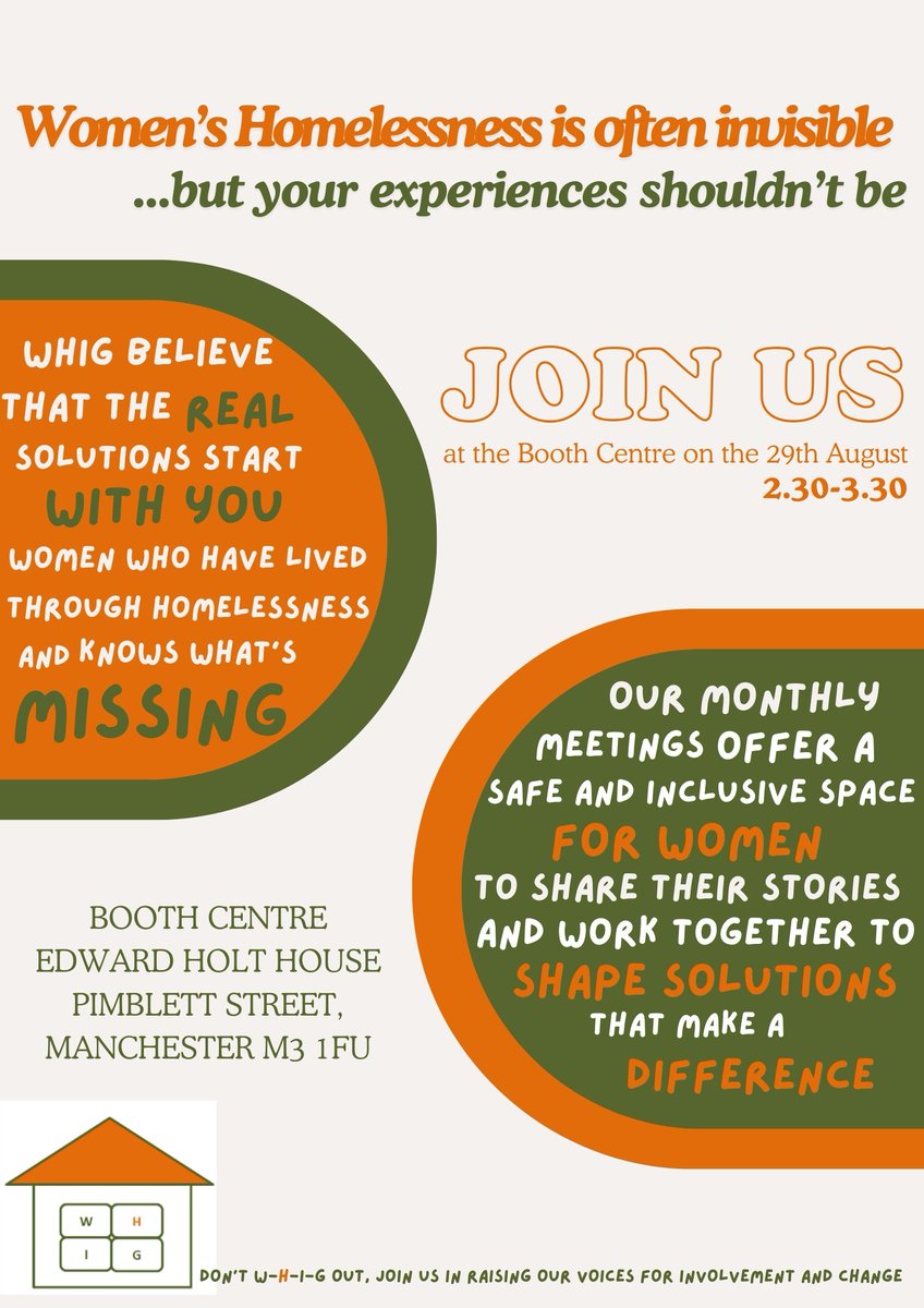 The Women’s Homelessness Involvement Group works to amplify the voices of women who have experienced homelessness, whose stories are rarely heard. If you are, know, or work with women who have faced homelessness, please consider attending and help shape  solutions!